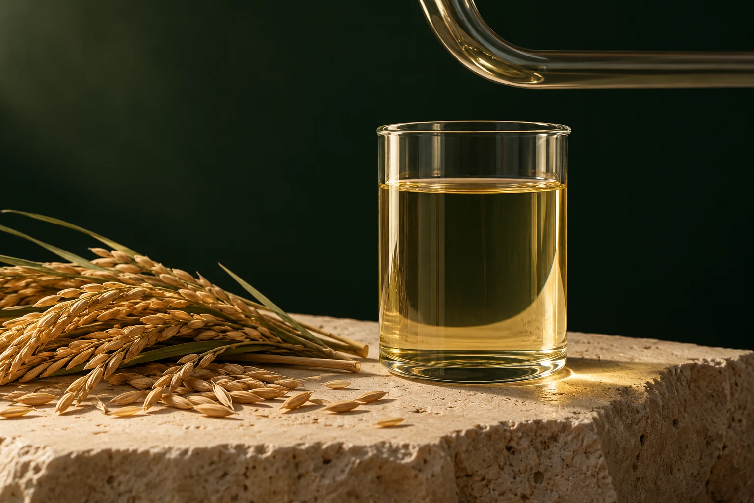 Conceptual still life of golden liquid in glass beside agricultural stalks